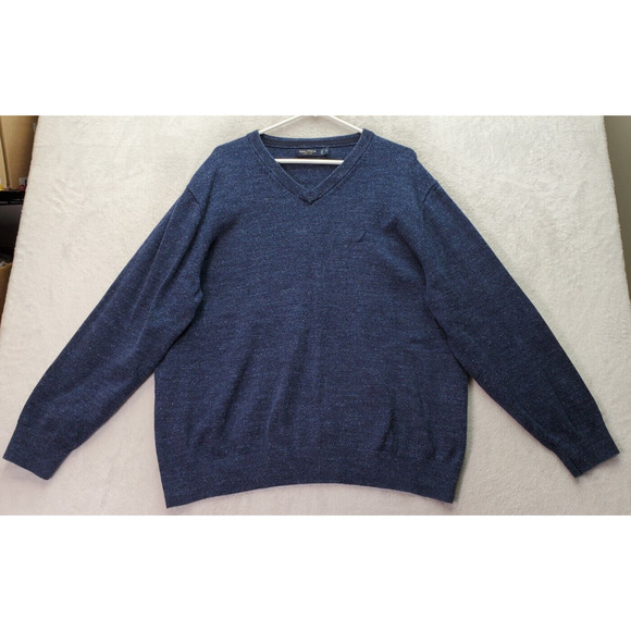 Nautica Sweater Mens XL Navy Knit Cotton Long Raglan Sleeve V Neck Logo Pullover - Picture 1 of 9